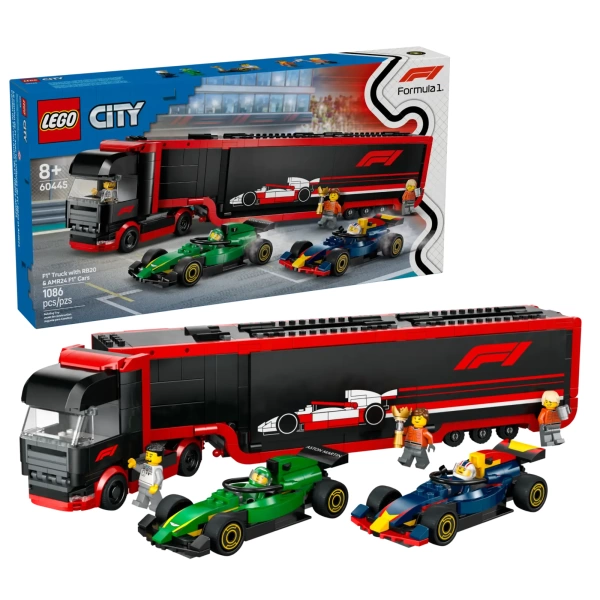 lego city F1 truck met RB20 en AMR24 F1 auto's