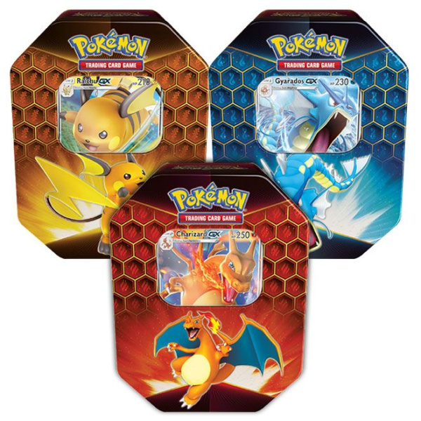 pokémon hidden fates tins charizard, raichu gyarados